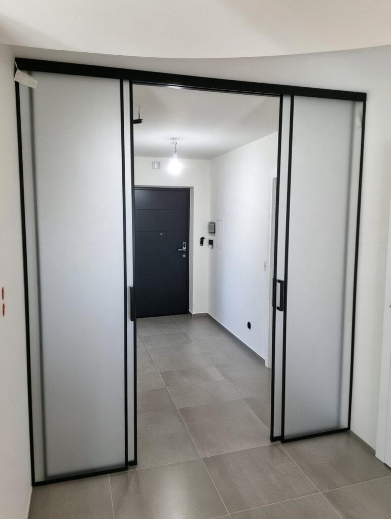 Dwuskrzydłowe drzwi przesuwne ze szkłem mlecznym